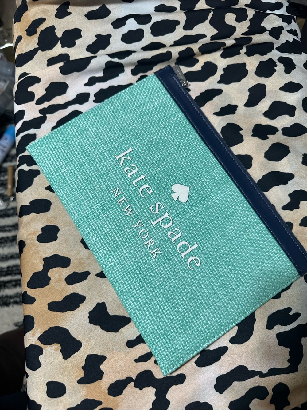 kate spade Mint Woven Zip Pouch with Navy Trim